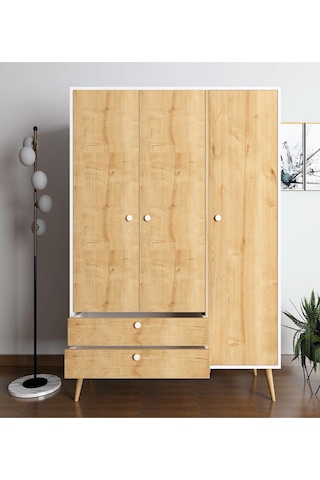 Floradesign Riva Elbise Dolabı Üç Kapaklı Çekmeceli Dolap Gardırop /meşe/ Beyaz Meşe / Beyaz