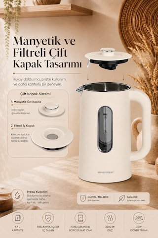 Premier PRK 3218A 1.7 L Isıya Dayanıklı Cam Hazneli Led Işıklı Su Isıtıcısı Kettle