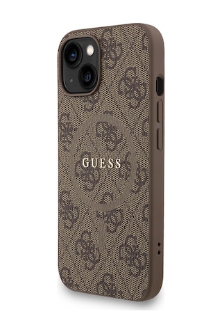 Apple iPhone 14 Uyumlu Kılıf Guess Lisanslı M safe Bilek Askı İpli Yazı Logolu Kapak Kahverengi