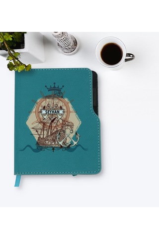 Kişiye Özel Gemi Tasarımlı Turkuaz Termo Deri Defter-4 Turkuaz