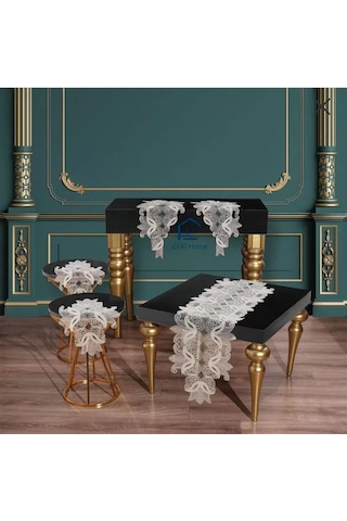 Salon Takımı 5 Parça Dantelli Masa Örtüsü Runner Seti Çeyizlik Zarif Model Krem Çok Renkli