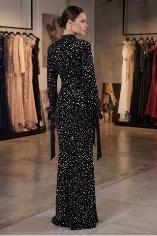 Dorne Moda Payetli Kemer Detaylı Uzun Kollu Balık Model Abiye Elbise Altın Altın