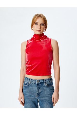 Koton Kadife Crop Top Kolsuz Dik Yaka Kırmızı 5wak10005ek Kirmizi