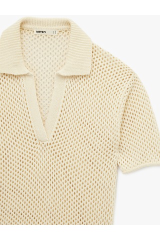 Koton Kısa Kollu Polo Yaka Ajurlu Kroşe Kazak Ekru 6sak90139ht