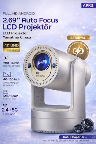 Şarjlı Android Auto Focus Projeksiyon 4k Destekli 720p Dahili Hoparlör Wifi 2.4g/5g Taşınabilir Lcd