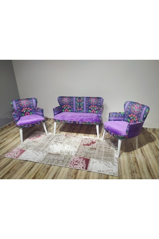 Azra Mobilya - Roma Çay Seti Koltuk Takımı - Babyface Kumaş - Ahşap Demonte Ayak Etnik Desen - Mor