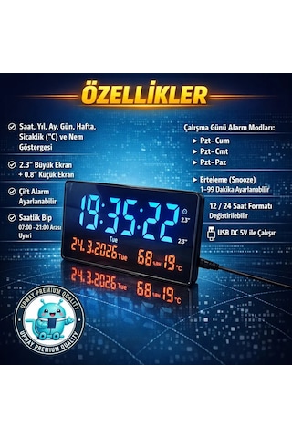 Upway 15 36 Cm Büyük Hd Led Dijital Duvar Saati Alarm Tarih Sıcaklık Nem Siyah
