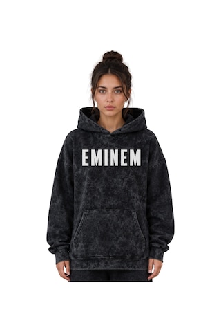 Sevbano Eminem Rapper Şarkıcı Baskılı Unisex Oversize Yıkamalı Hoodie Swe Siyah