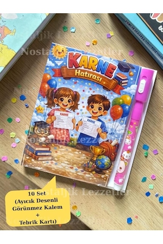 Karne Hediyesi 10 Set Ayıcık Desenli Görünmez Kalem Ve Tebrik Kartı