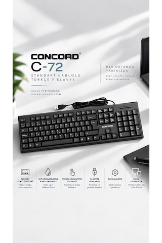 Concord C-72 Standart Kablolu Türkçe F Klavye Yüksek Kalite Sessiz F Klavye Standart Tüm Pc Uyumlu - Okullar Için Uygundur - Katip Katiplik Sınav