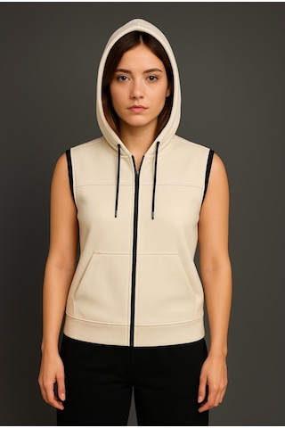 Axxel Kadın Krem Fermuarlı Kapüşonlu Kanguru Cepli Kolsuz Yelek-y1142-k Krem