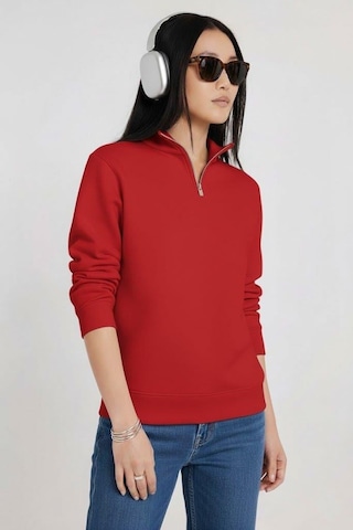 Afri Kadın 3 İplik Şardonlu Yarım Fermuarlı Kırmızı Sweatshirt İçi Pamuklu Kalın Kumaş, Tam Kalıp Rahat Model Kırmızı