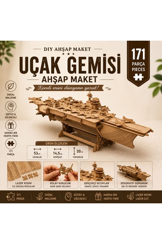 Uçak Gemisi Ahşap Maket Seti Dıy 3d Puzzle Deniz Kuvvetleri Koleksiyoner Modeli 171 Parça
