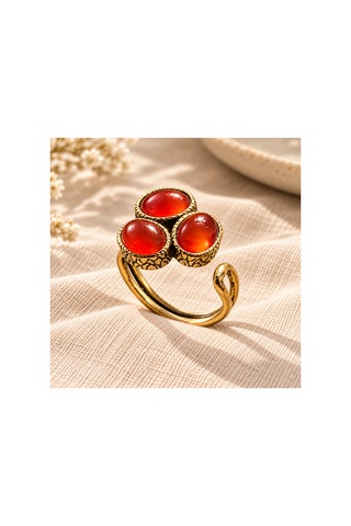 Esoo Jewelry Doğal Taş Detaylı 3 Taşlı Vintage Gold Ayarlanabilir Kadın Yüzük - Ateş Kırmızısı Kırmızı