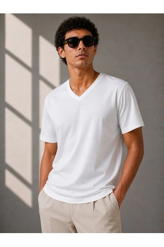 Modi Erkek V Yaka Basic Tişört Kısa Kol Yazlık Regular Fit T-shirt - Beyaz Açık Beyaz