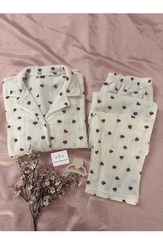 Mh Moony Homewears Onur Kiraz Desenli Kışlık Termal Polar Kumaş Pijama Takımı Bordo Tonlar Ve Beyaz