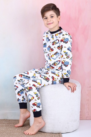 Modanino Erkek Çocuk İş Makineleri Baskılı Pijama Takımı 1-7 Yaş 12291 Beyaz