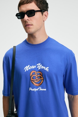 Grimelange CRISP Erkek Oversize %100 Pamuk Baskılı Yuvarlak Yaka Saks Mavi T-Shirt