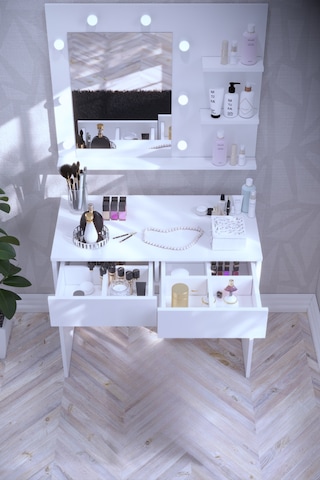 Tokyo Kulis Işıklı Aynalı Tabureli Çekmeceli Makyaj Masası Beyaz