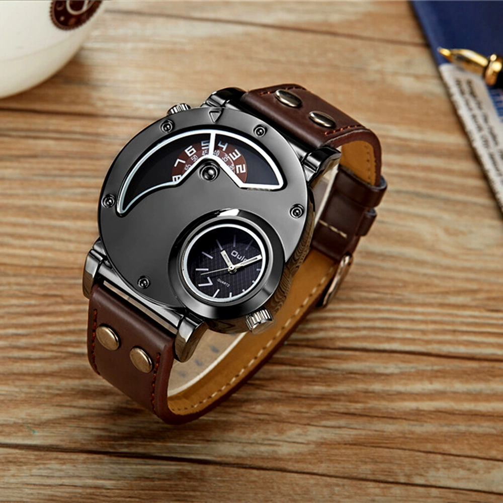 Xindoker Erkek Spor Kol Saati, Büyük Ekranlı, İki Zaman Dilimi, Kronometre Fonksiyonu, Kahverengi Pu Deri Kordon Çok Renkli