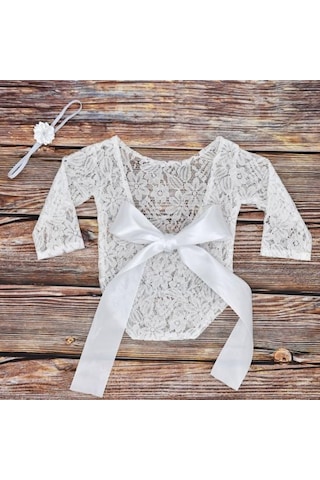 Bej Yenidoğan Bebek Kız Ilmek Yumuşak Dantel Romper Çiçek Kafa Bandı Fotoğraf Sahne Bej