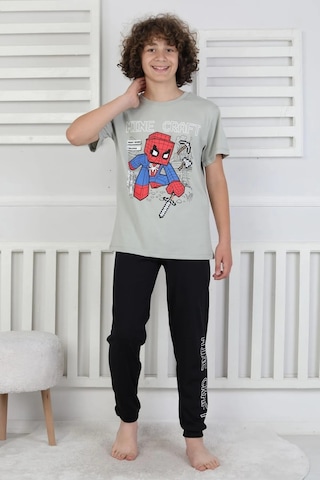 Bunny Hopp Erkek Çocuk Yazlık Kısa Kollu Baskılı Pijama Takımı %100 Pamuk 8-13 Yaş Yeşil