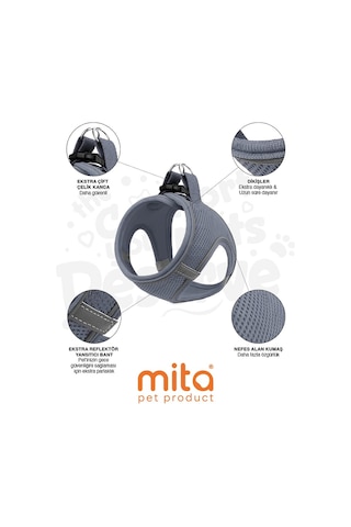 Mita Air Mesh Kedi Köpek Göğüs Tasması Çift Reflektörlü, Terletmeyen Antrasit