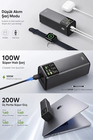 Exenar - Siyah - 24000mah 200w Powerbank 140w Usb-c Çıkış Dijital Ekran 3 Port Laptop Telefon Taşınabilir Şarj Cihazı