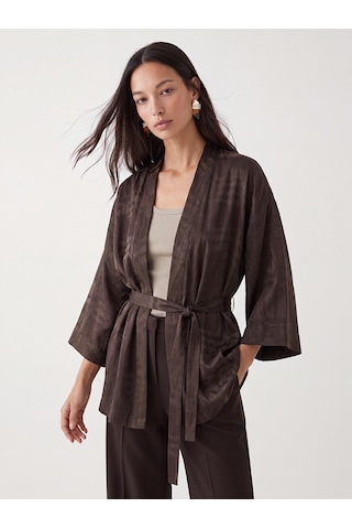 Lcw Everyday Kahverengi Şal Yaka Desenli Kuşaklı Kadın Kimono