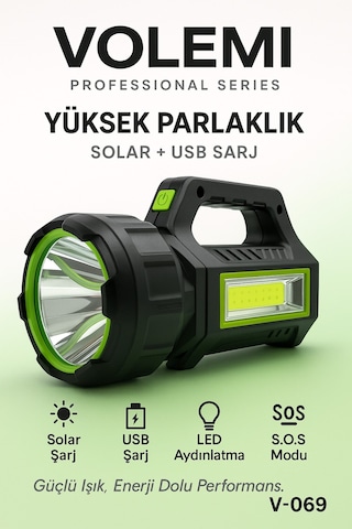 Volemi V-069 Uzun Menzilli Şarjlı Kamp Lambası El Feneri Deprem, Acil Durum, Bahçe Ve Kamp Kullanımı Siyah