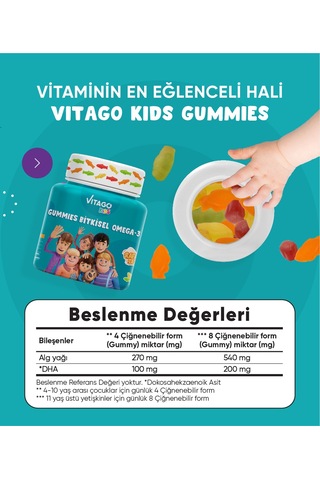 Vitago Kids Gummies Bitkisel Omega 3 Takviye Edici Gıda 60 Tablet