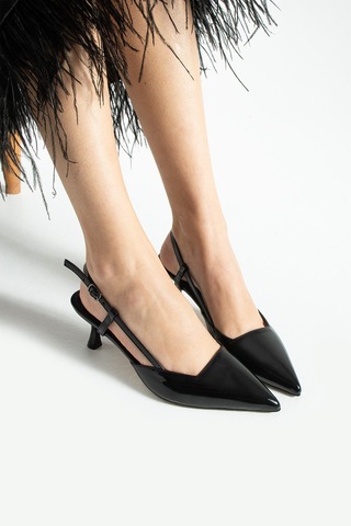 Dabab Shoes Lıya Kadın Siyah 6 Cm İnce Topuklu Bilekten Bantlı Arkası Açık Tokalı Sivri Burun Rugan Ayakkabı