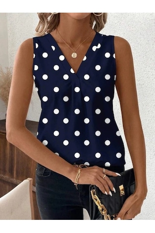Defymoda Kadın Askılı V Yakalı Puantiyeli Süprem Bluz Lacivert