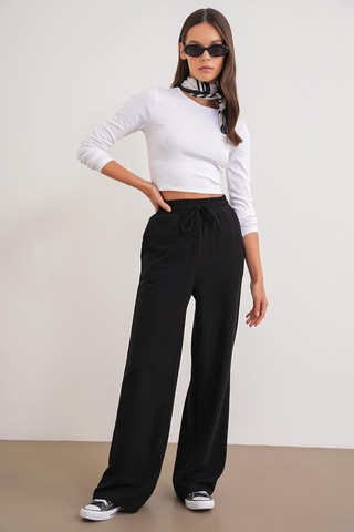 Mixray 4757 Kadın Lastikli Bol Paça Örme Dökümlü Selanik Pantalon Siyah Siyah