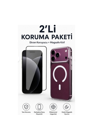 Apple iPhone Uyumlu 17-18 Pro Max Güçlendirilmiş Magsafe Şarj Özellikli Sararmaz Kristal Sert Kapak Kılıf Ve Kırılmaz Ekran Koruyucu Beyaz Beyaz