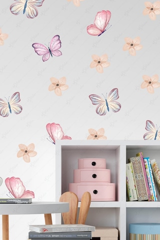 Soft Renklerde Kelebekler Ve Çiçekler Çocuk Bebek Odası Cam Duvar Sticker Seti