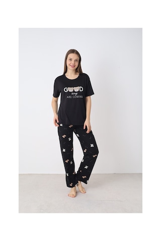 Elitol Nakışlı Milan Örme Kısa Kol Kadın Pijama Takımı Desenli-5