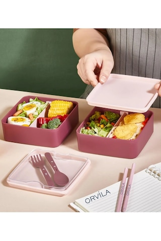 2 Katlı Kare Lunchbox Yemek Saklama Kabı Beslenme Kutusu Seti-sporcu Öğrenci Fitness Okul Işyeri Mürdüm