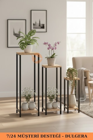 Flora Dekoratif 3'lü Metal Çiçeklik Saksı Standı & Yan Sehpa Seti - Modern Bahçe Balkon Çiçek Rafı - Çam