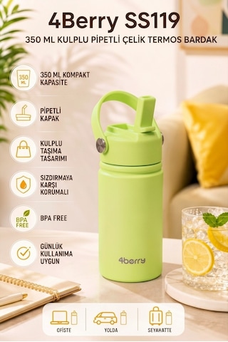 350 Ml Kulplu Pipetli Çelik Termos Bardak Bpa Free, Taşınabilir Mini Termos, Yeşil