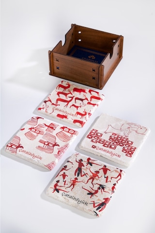 Çatalhöyük Serisi 4'lü Traverten Bardak Altlığı Çok Renkli