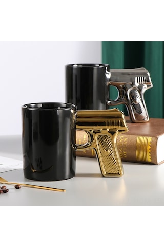 Suofeng Gümüş Altın 3d Tabanca Desenli Seramik Kupa, Kahve/su İçimi, 301-400ml, Siyah Renk, Dayanıklı Malzeme, Özel Hediyelik Siyah