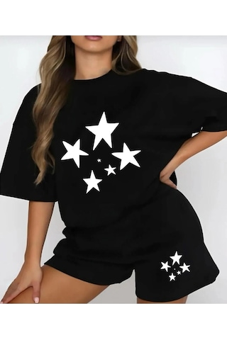 Startmore Kadın Siyah 'göğüs Yıldız Baskılı''oversize Şort- T-shirt Takım Strup0000000000050 Siyah