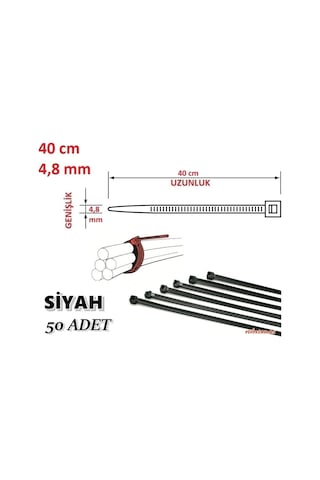 50 Adet Pemsan 40Cm X 4.8Mm Plastik Cırt Kelepçe Siy.Ah