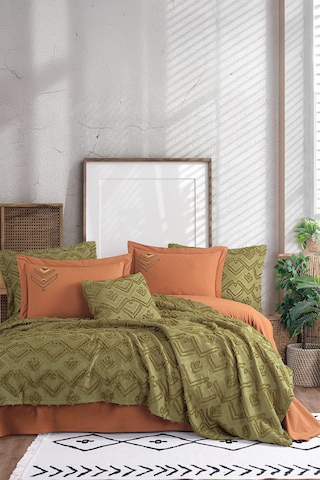 İyi Geceler İstanbul Aztec Haki Çift Kişilik %100 Pamuk Yatak Örtüsü Seti Haki