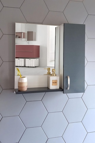 Aynalı Raflı Banyo Dolabı 60 Cm Mdf Üst Modül Antrasit Çok Renkli