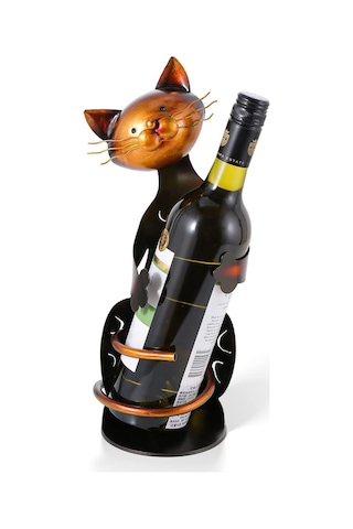 Hangfox Kedi Şekilli Metal Şarap Tutucu - Ev Dekoru Ve Pratik Kullanım - Kireçten Renkli - 11.7x11x33.1 Cm