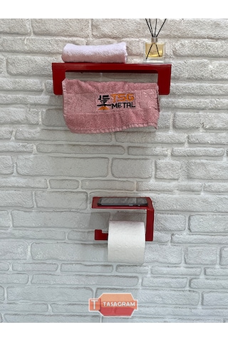 Metal Kırmızı 2'li Set 30cm Havlu Askılığı Ve Tuvalet Kağıdı Askı