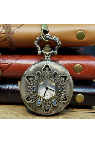 Geometrik Oymalı Tasarım - Köstekli Zincirli Cep Saati - Vintage Bronz