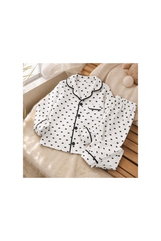 Bebelove Kız Çocuk Kalp Desenli Düğmeli Pijama Takımı Beyaz Beyaz - Siyah